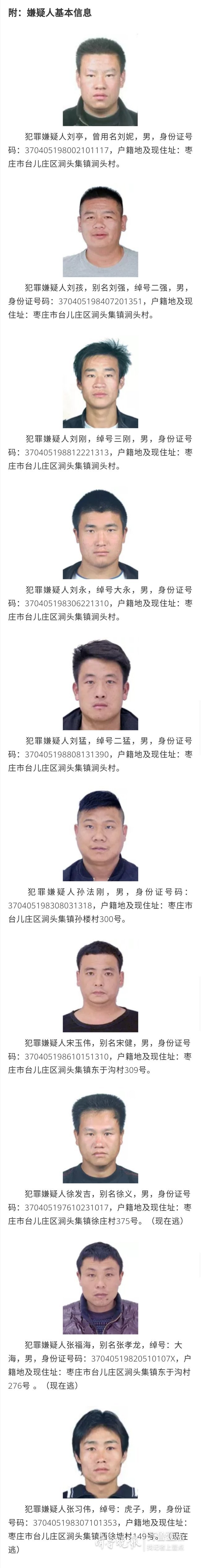 枣庄刘亭刘孩刘刚等10名犯罪团伙成员被逮捕