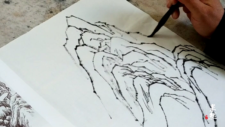 果然视频山水画课堂披麻皴法画山石示范之一