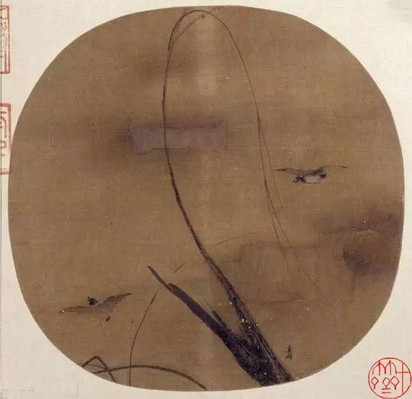 《秋柳双鸦图页 宋,梁楷,纨扇页,绢本设色 纵24.7cm,横25.7cm