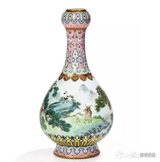 清乾隆 宫粉地洋彩鹤鹿同春如意瓶           成交价:1.