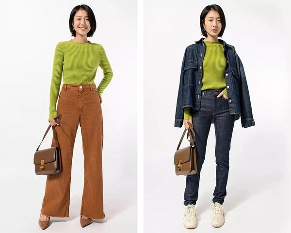 点睛的青柠绿,特别适合搭配深色的牛仔单品,时髦又有型.