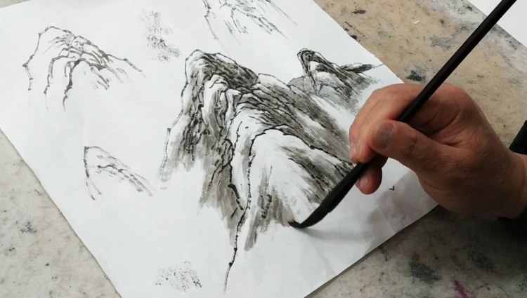 果然视频山水画课堂淡墨渲染山峦技法