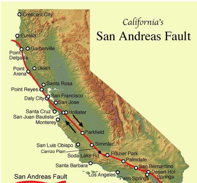 图中①为从旧金山至洛杉矶一线的安德烈亚斯断裂带据报道,美国加州莫