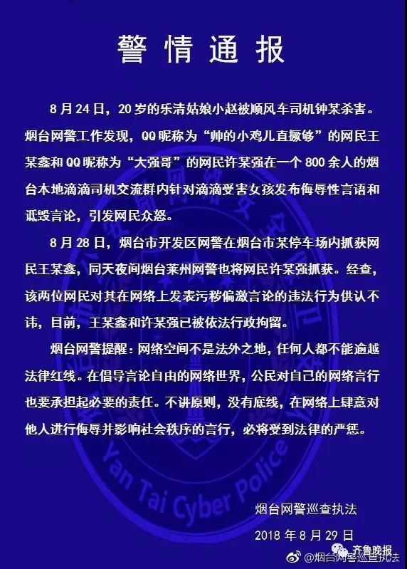 某停车场内抓获网民王某鑫, 同天夜间烟台莱州网警也将网民许某强抓获